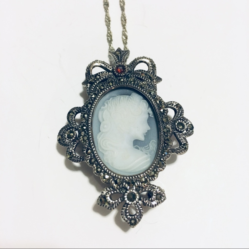 Light Blue Cameo and Ruby Necklace/Brooch Bow SS